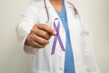 Asian woman doctor with purple ribbon, sign of Alzheimer disease day, Pancreatic cancer, Epilepsy,...