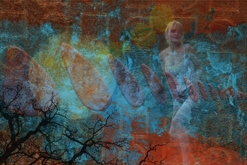 Abstract blue orange grunge art collage background.