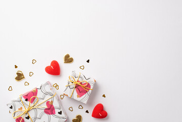 Valentine's Day concept. Top view photo of present boxes red candles and golden heart shaped confetti on isolated white background with empty space