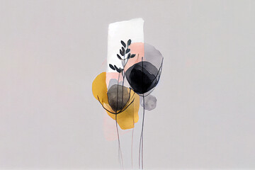 Minimalistic watercolor floral abstraction on a plain grey background. Simple minimalistic ai generated background.
