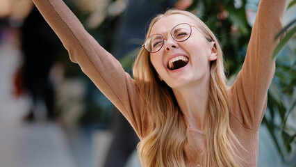 Happy euphoric young woman excited receive good news long awaited email message lady won lottery...