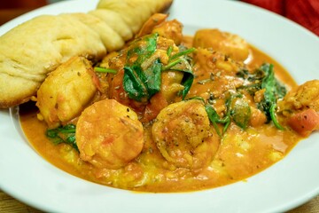 Shrimp and Grits (Polenta) and Scallops with a Twisted Yeast Roll Breadstick