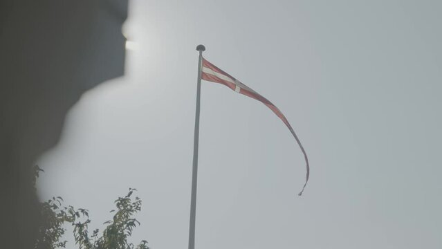 Reveal wehender d&auml;nischer Langwimpel - Flagge von D&auml;nemark im Sommer vor Himmel im Gr&uuml;nen