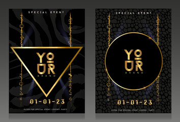 Vector background set template with abstract wild pattern, sparks and lights. Golden frame and vertical tribal elements. Special flyer for music events, dance party, nightclub, poster.