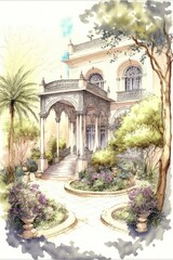 Fototapeta na wymiar Islamic architecture watercolor sketch illustration made with Generative AI