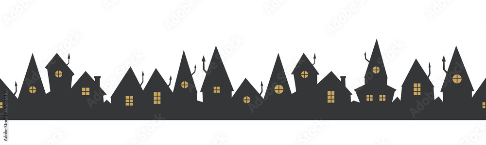 Wall mural Black house row seamless border. Vector black city silhouette on white background