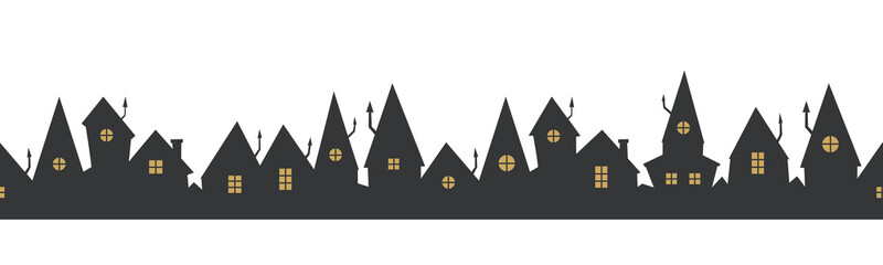 Black house row seamless border. Vector black city silhouette on white background