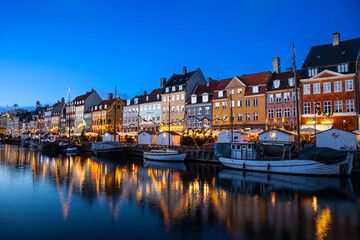 Fototapeta na wymiar Nyhavn Canal at sunset, Christmas time, Nyhavn, Copenhagen, Denmark, Europe
