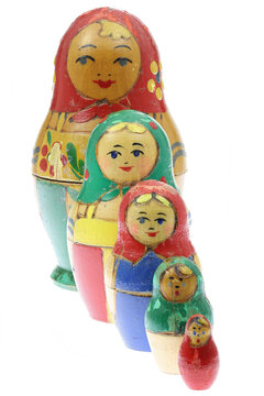 old Matryoshka dolls set isolated on white background
