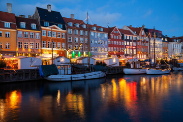 Nyhavn Canal at sunset, Christmas time, Nyhavn, Copenhagen, Denmark, Europe