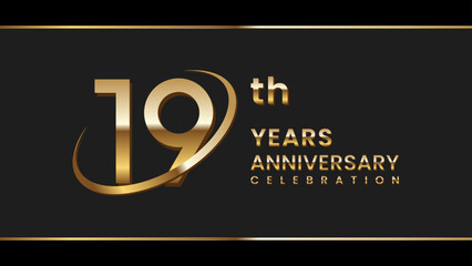 19th anniversary logo design with gold color ring and text. Logo Vector Illustration