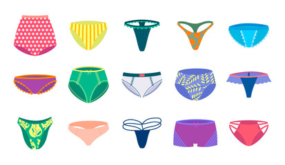 Vector diverse types of woman panties set. Different forms of feminine underwear and bathing swim bottoms with tropical leaves, stripes, polka dot prints isolated