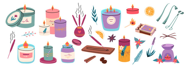 Vector candles and aromatherapy tools primitive doodle set. Scented candles in tin jars, glass and paper packaging objects. Lavender, anise, cinnamon, flowers and other herbs, matches illustration