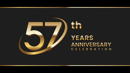 57th anniversary logo design with gold color ring and text. Logo Vector Illustration