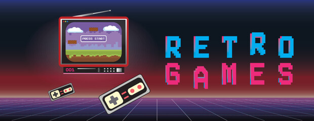 Fototapeta premium Retro games banner with 1990's computer system window against the retrowave background with cyberpunk perspective grid. 
