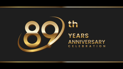 89th anniversary logo design with gold color ring and text. Logo Vector Illustration