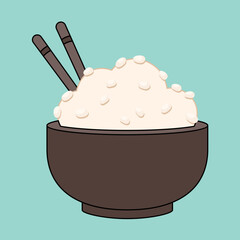 Rice Bowl with Chopsticks, vector illustration on a Blue background