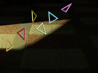 複数のカラフルな正三角形フレーム。道路にかかる影と光。 - obrazy, fototapety, plakaty
