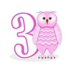 Pink owl with the number 3. Cute character for a children's card or an invitation to a birthday party