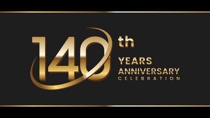 140th anniversary logo design with gold color ring and text. Logo Vector Illustration