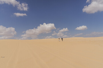 Fototapeta na wymiar A young couple walking alone through the Fayoum desert in Egypt.