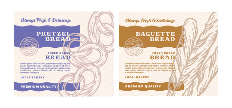 Set of packaging design or Label Premium Bakery with Hand Drawn Bread in doodle vintage style