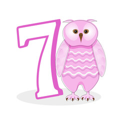 Pink owl with the number 7. Cute character for a children's card or an invitation to a birthday party