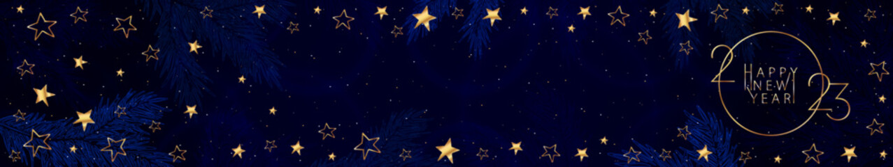 Happy New Year 2023. Festive blue banner of bright color with a stylized golden inscription, stars, highlights and blue spruce branches. Website header banner