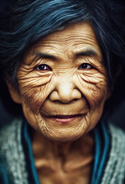 Closeup Portrait Of Fictional Old Asian Japanese Woman With Wrinkles (Generative AI)