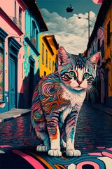 Op-art cat wondering the streets of a city, illustration made with Generative AI
