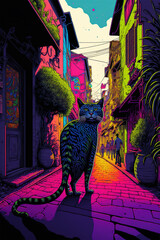 Op-art cat wondering the streets of a city, illustration made with Generative AI
