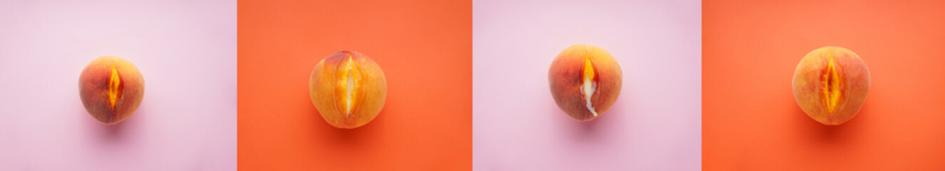 Set with ripe peaches on a colored background, collage. Sex content 18+