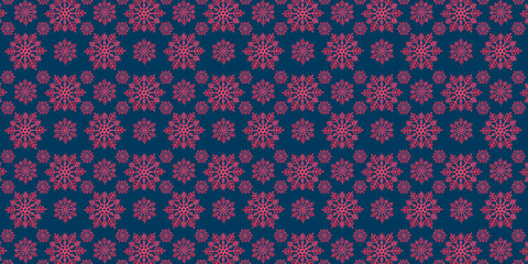 Winter banner. Repeating pattern. Snowflakes of Viva Magenta color on a blue background.