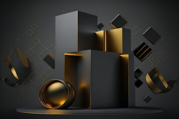 Dark gray and gold abstract geometric background with podium stock photo Merchandise, Poster, Abstract, Bangladesh, Beauty Product. Generative AI