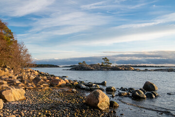 The rocky view of Porkkalanniemi and view to the Gulf of Finland and island on the background, Finland