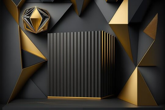 Dark gray and gold abstract geometric background with podium stock photo Merchandise, Poster, Abstract, Bangladesh, Beauty Product. Generative AI