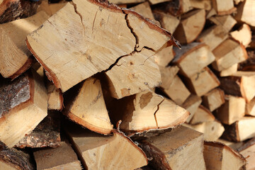 Firewood is sealed for burning, Wooden firewood. Selective focus.