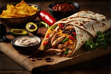 Fajita, Tortilla - Flatbread, Chicken Meat, Wrap Sandwich, Burrito. Generative AI