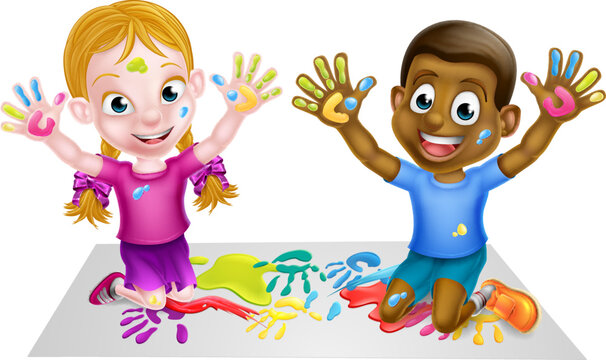 Cartoon boy and girl playing with lots of paint. One black one white