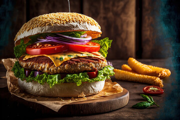 Homemade burger with chicken schnitzel stock photo Beef, Bread, Burger, Cheese, Cheeseburger. Generative AI