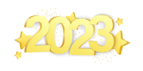 Gold star and toy with 2023 number isolated on a white background. New Year banner.
