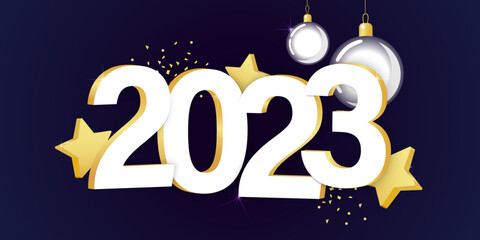 Toy, sequins and 2023 number on a dark blue background. New Year greeting banner..