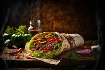 Traditional Turkish doner kebab in a tortilla wrap with fresh vegetable ingredients served. Generative AI