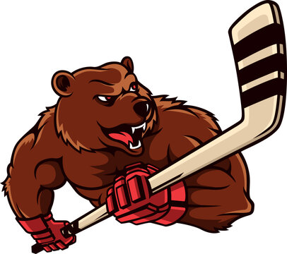 Brown Bear Player Holding a Hockey Stick