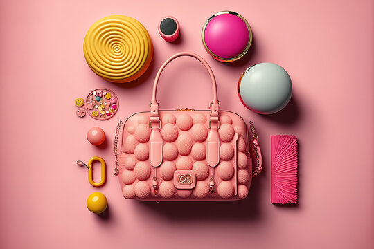 Woman colorful accessories isolated on pink. stock photo Purse, Shoe, Women, Clothing, Bag. Generative AI