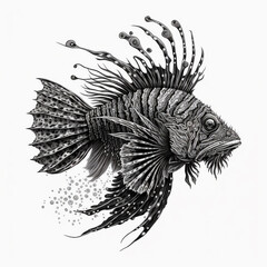 Black and white illustration of a lion fish.