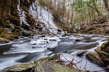An icy mountain stream by a hiking trail with moss covered rocks and icicles hanging from bluff . The Fiery Gizzard creek on the Cumberland Plateau in Tracy City Tennessee USA.