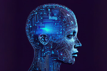 Neural network of big data and artificial intelligence circuit board in the head and face of a purple woman outlining concepts of a digital brain, computer Generative AI stock illustration image