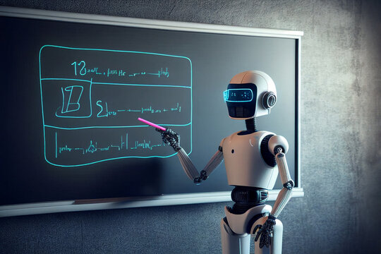 Humanoid education robot teacher in front of a school classroom chalkboard teaching pupils about  science and artificial intelligence technology, computer Generative AI stock illustration image