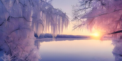 Winter Christmas Landscape In Pink Tones With Calm Winter River, Surrounded By Trees.Winter Forest On The River At Sunset. Landscape With Snowy Trees, Beautiful Frozen River With Reflection In Water